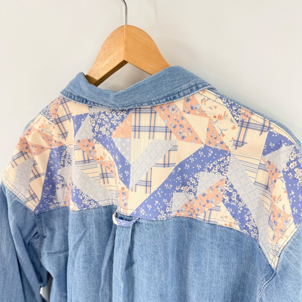 Forever 21 Patchwork Chambray Denim Button Down Size L Cottagecore Retro Plaid - Picture 5 of 8